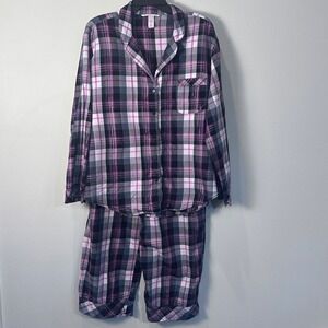 Victorias Secret Plaid Pajama Set Top Pants Women XL Pink Black Lounge Sleepwear